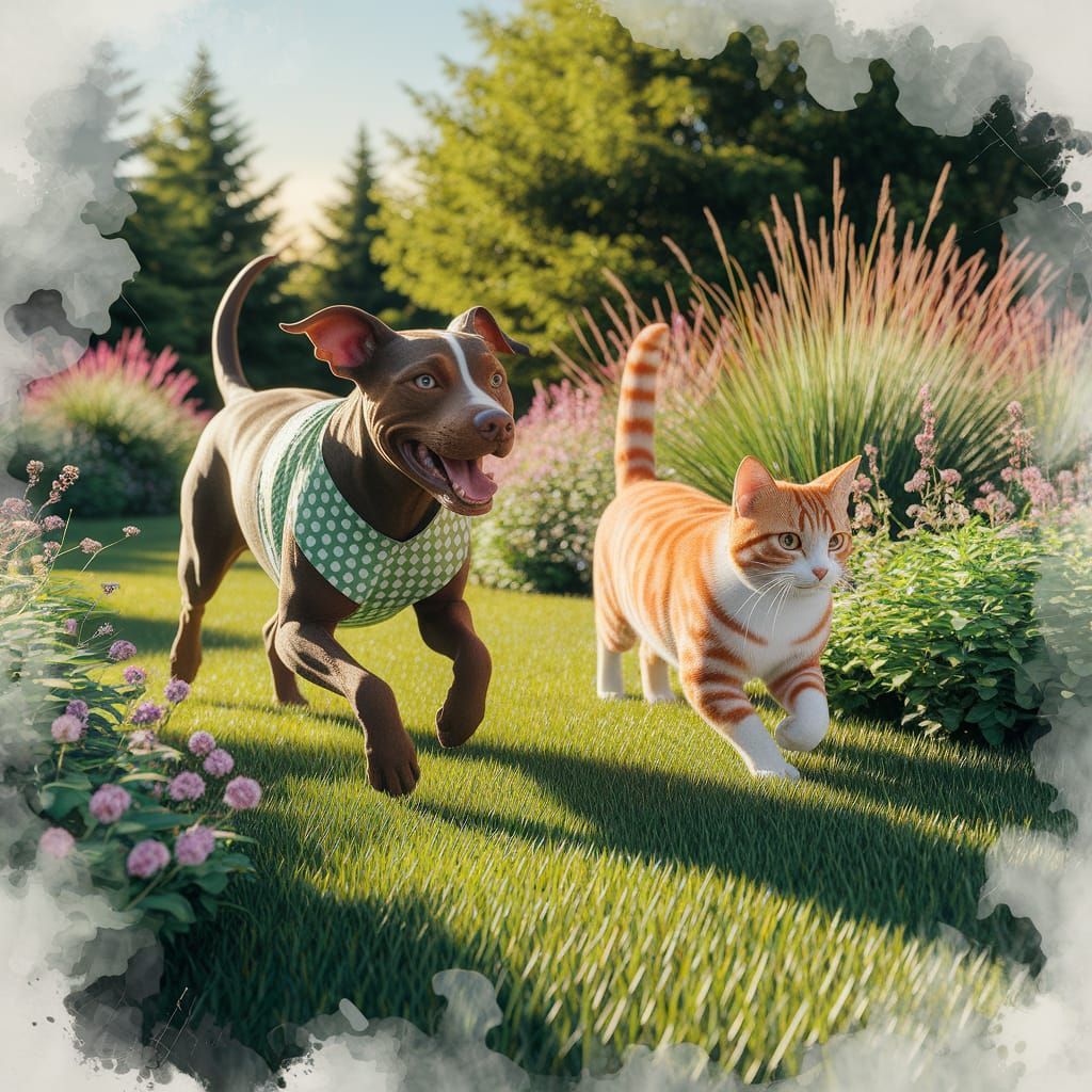Energetic Gingham Dog Chases Cat in a Vibrant Yard, in Alcoh...
