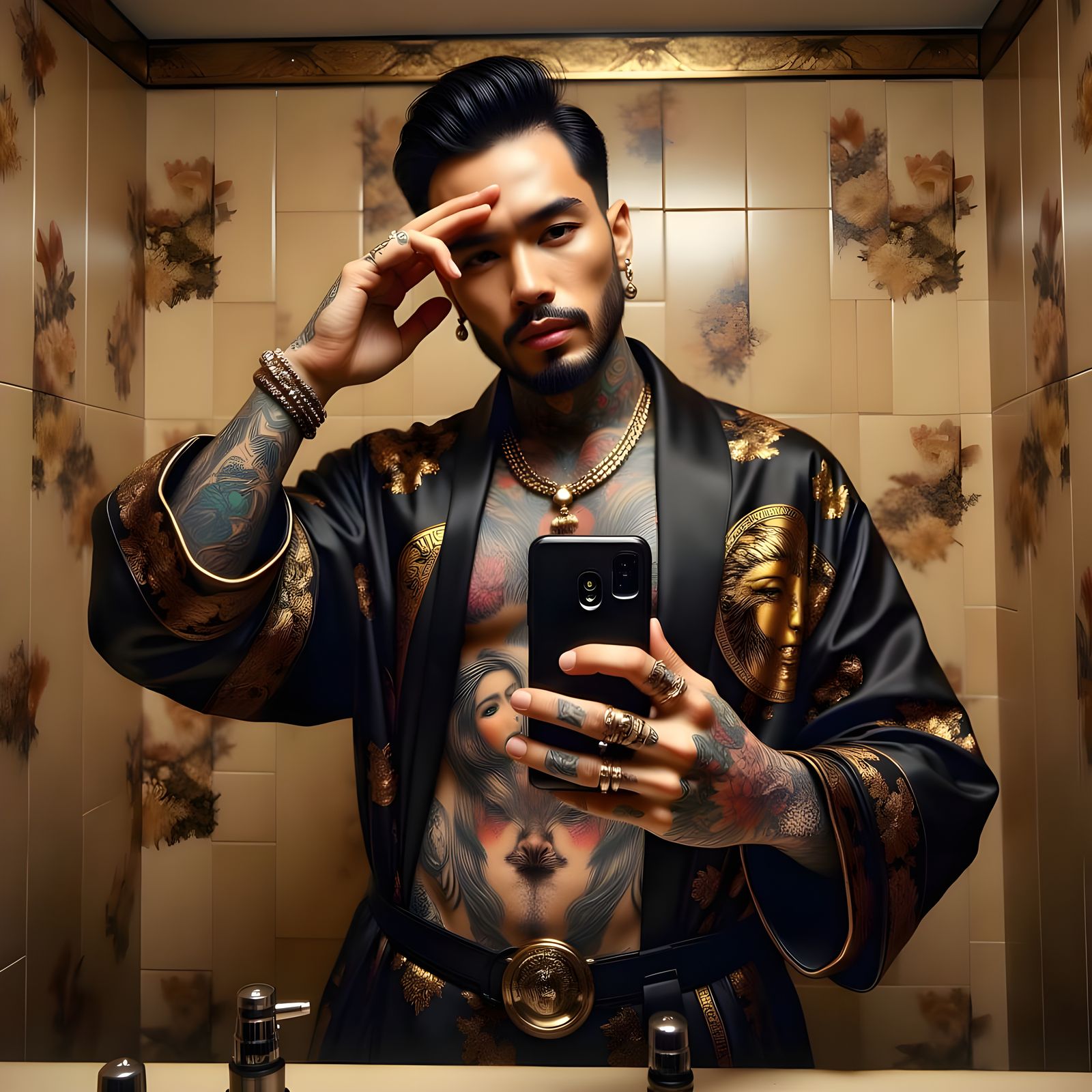 Tattooed Man's Bathroom Selfie in Hyperrealism Style