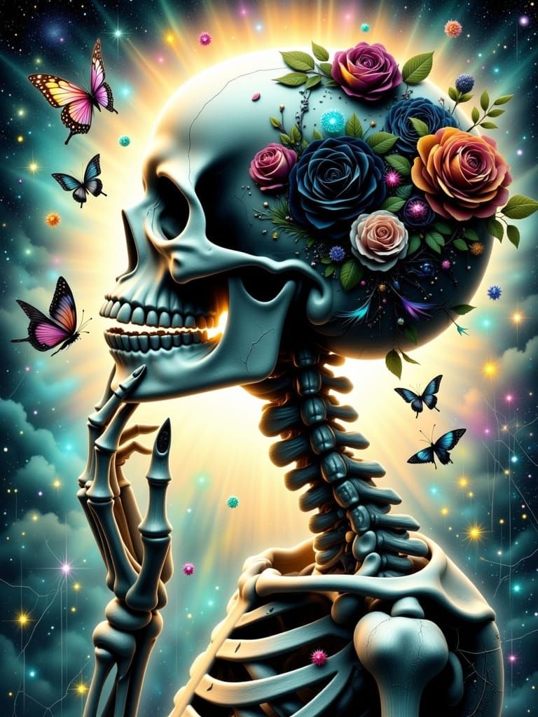 Ethereal Skeleton with Roses in Cosmic Realm