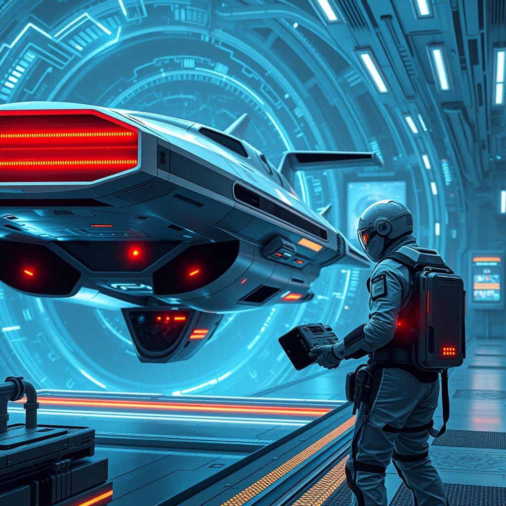 Sleek Starship Docks at Futuristic Spaceport in Cyberpunk St...