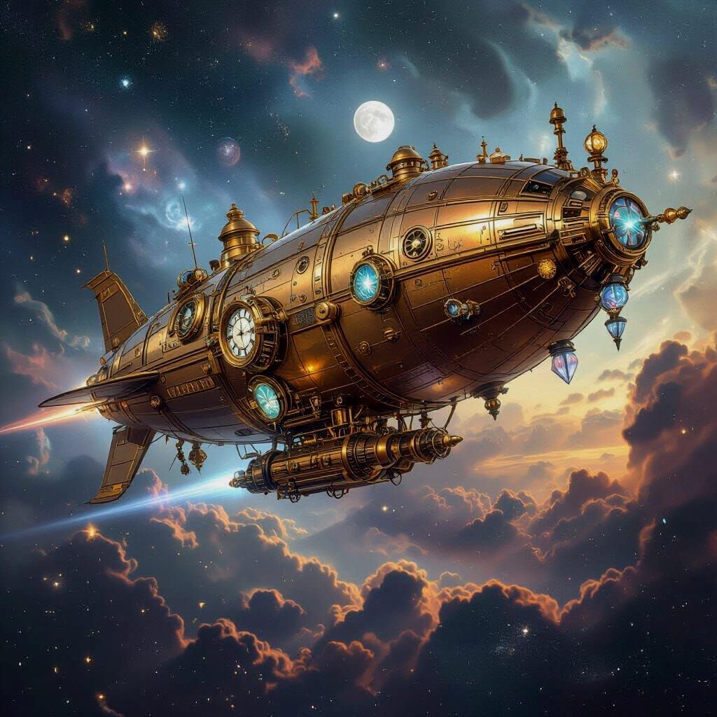 Steampunk Airship Navigates Cosmic Nebula in Space Opera Sty...