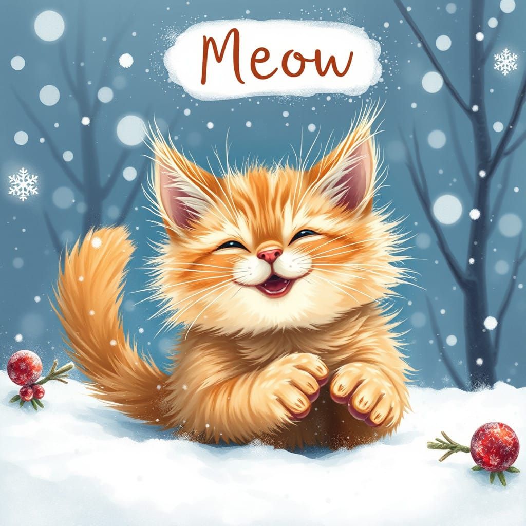 Furry Ginger Kitten Rolls in Snow, Happy Holiday Card