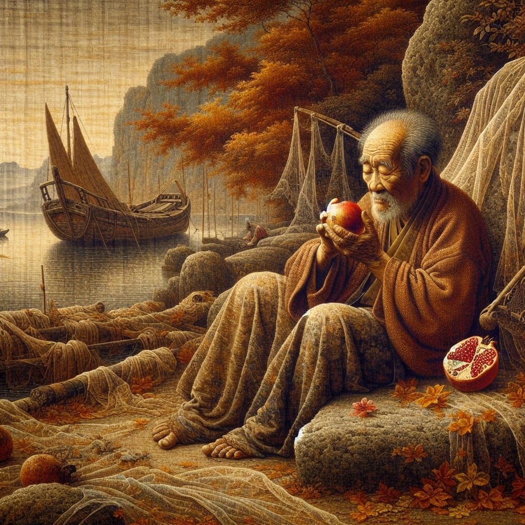Japanese Fisherman in Autumn, Oil on Canvas