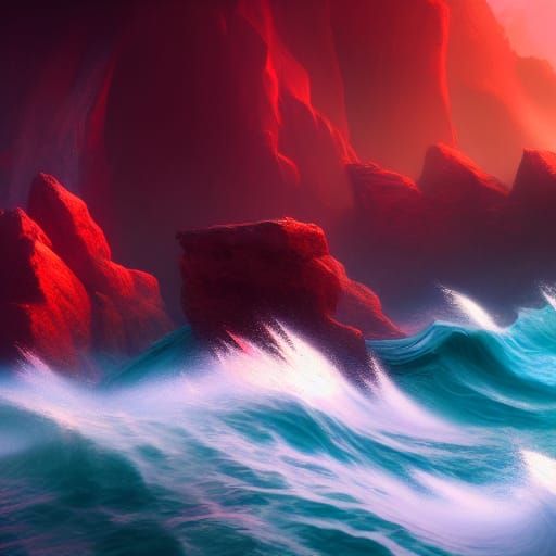 Red Waves Crashing: Detailed Matte Painting
