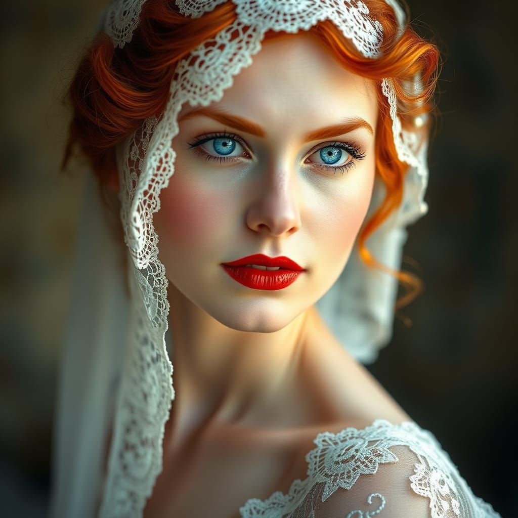Ethereal Redhead in Vintage Lace and White