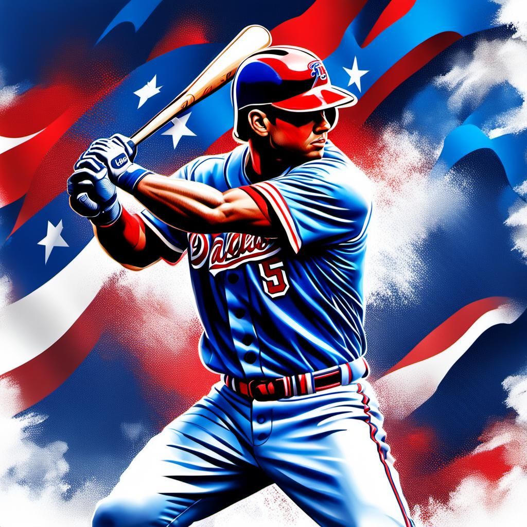 (baseball gloves red white and blue), muscular Baseball player up to bat, large crowd in stadium,