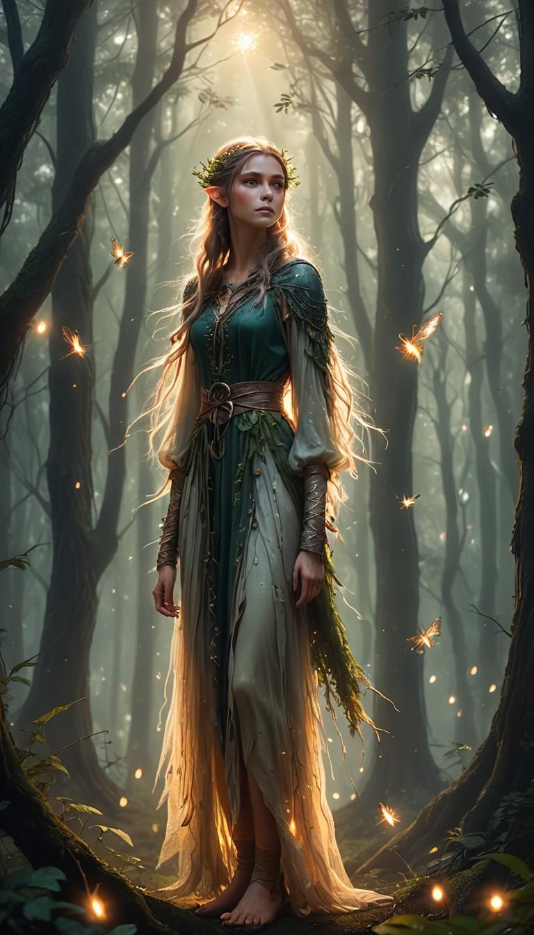 Enchanting Elf Girl in Misty Forest: Digital Art