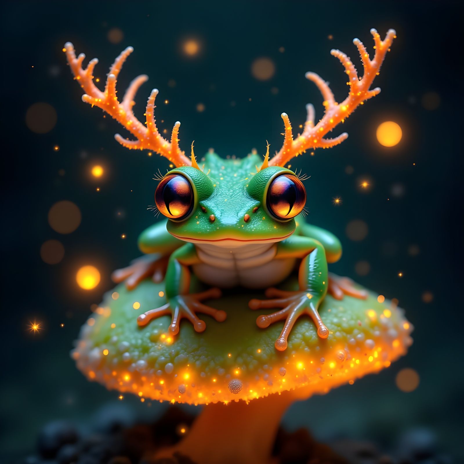 Neon Frog on Mushroom with Fireflies