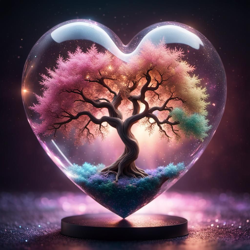 an epic crystal heart with a colourful pastel tree inside, chiaroscuro, glitter, sparks, 16k resolution photorealistic, ...