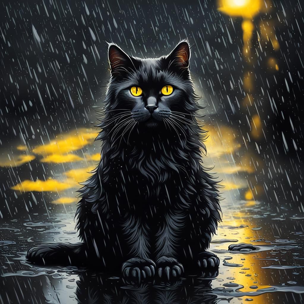 Detailed Image of a Black Cat in Rain Puddles