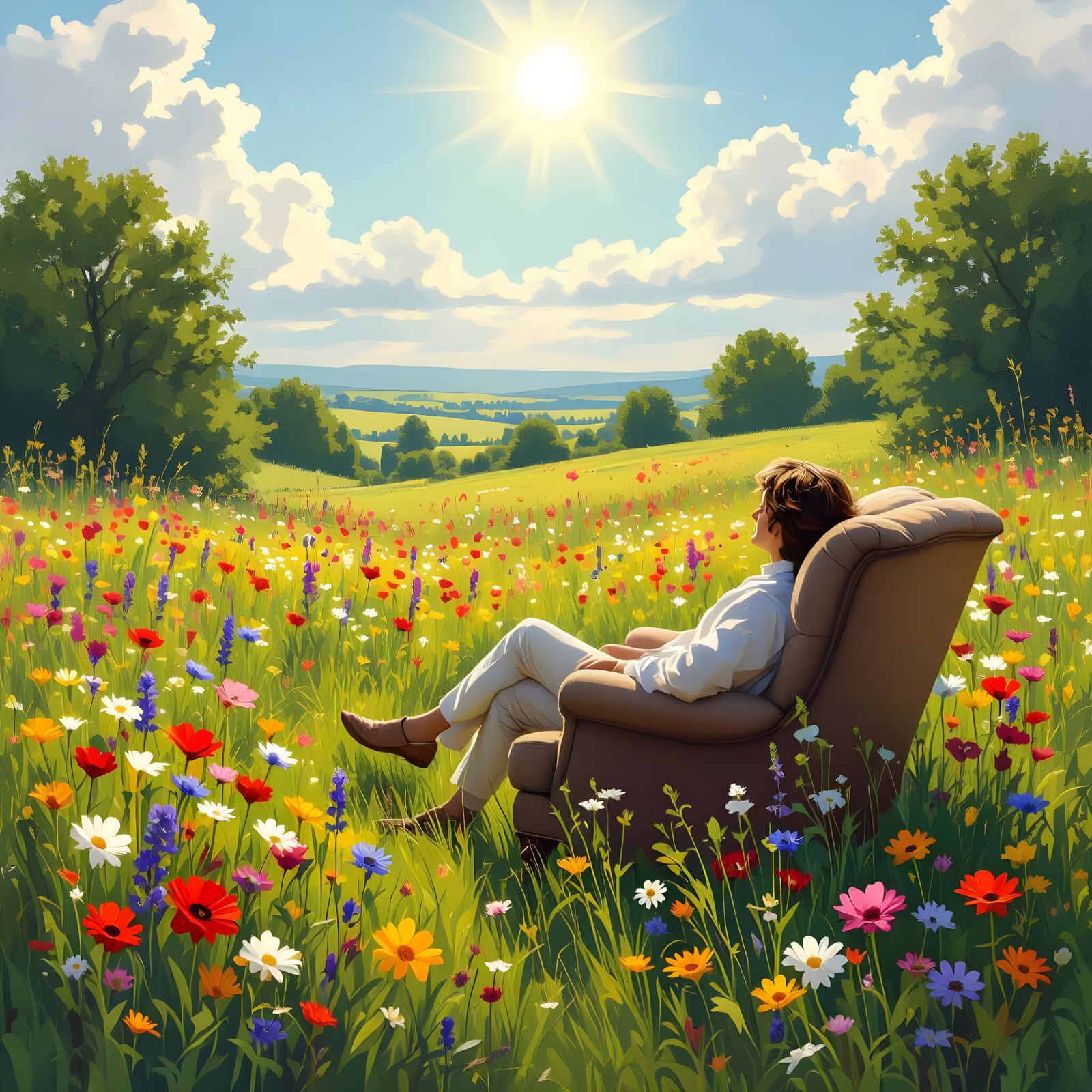 Serene Meadow with Person in Armchair, Sunny Day