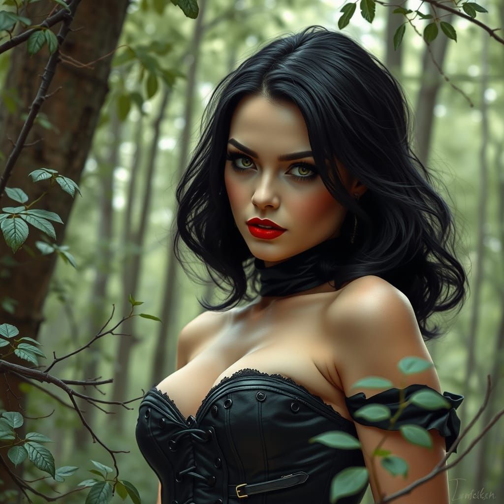 Sultry Gothic Goddess in Black Leather and Fishnets, Close-U...