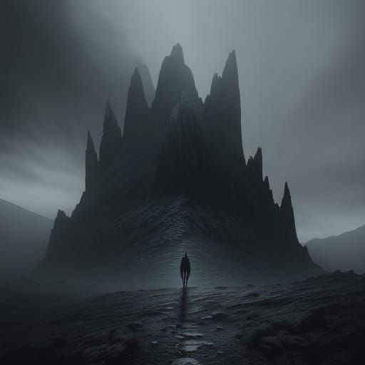 Dark Fantasy Art: Cloaked Figure on Desolate Mountain