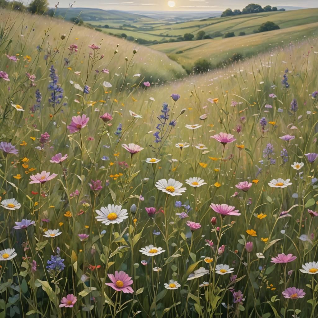 Idyllic Meadow with Wildflowers in Magical Realism Style