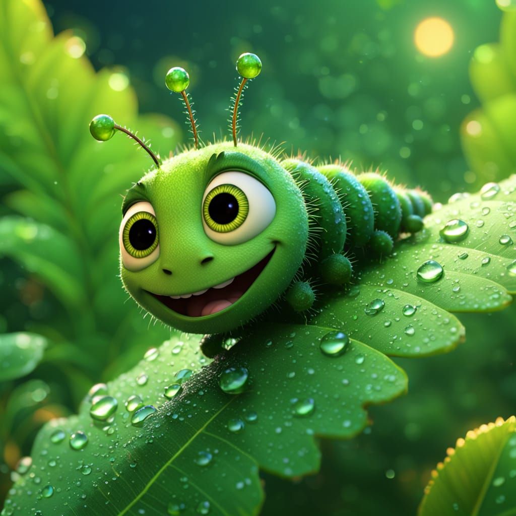 Excited Caterpillar on Dewy Leaves: Pixar 3D Art