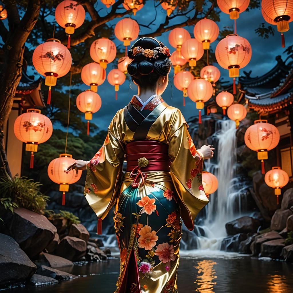 Geisha at Lantern Festival: Hyperdetailed Surreal Illustrati...
