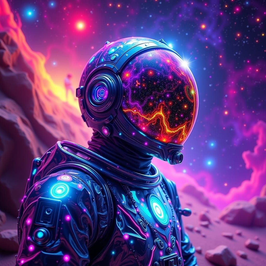 Astronaut in Metallic Suit Reflecting Kaleidoscopic Sky