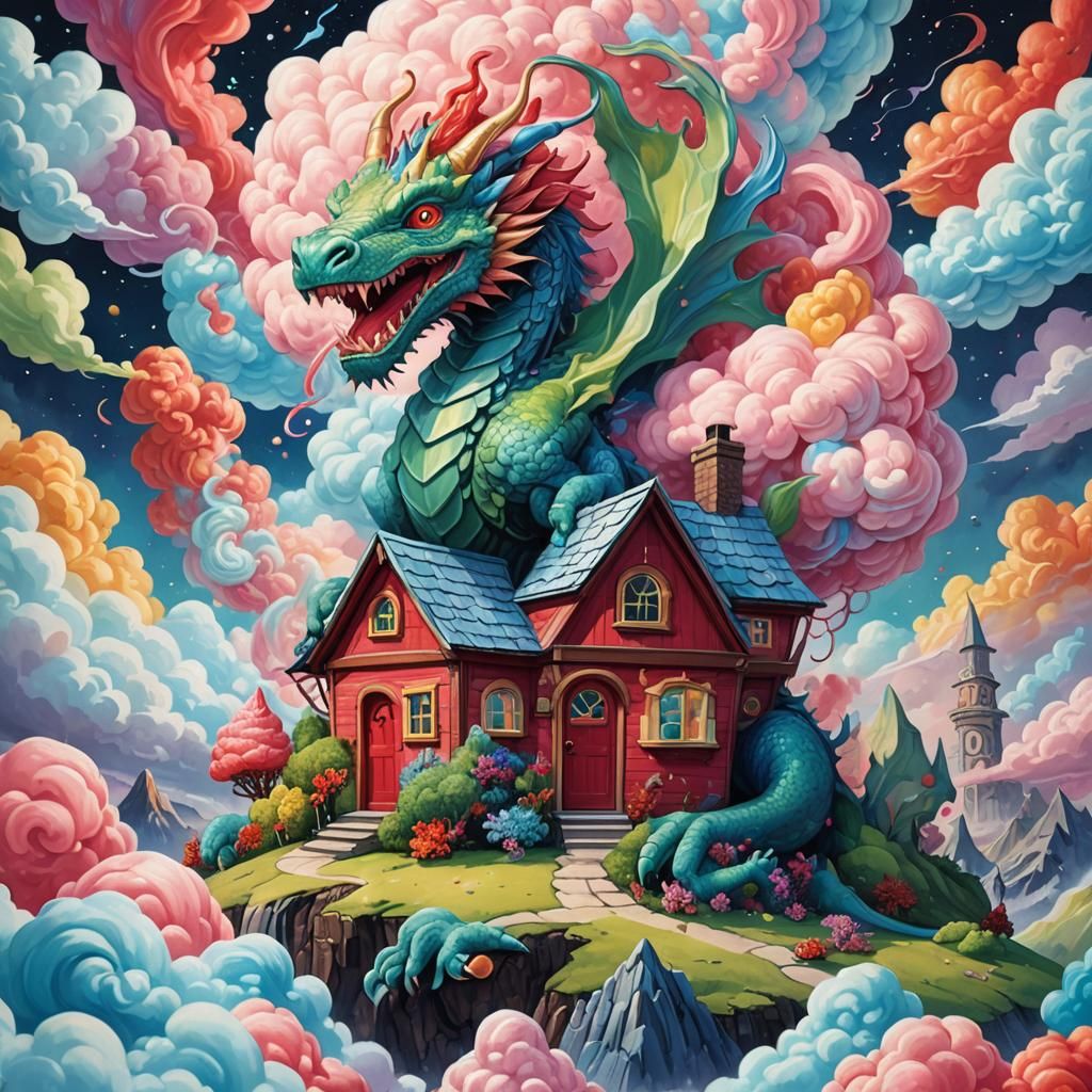 Tiny House on Dragon Head in Science Fantasy Style