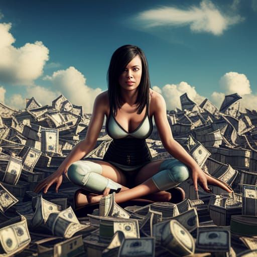 Lisa Manoban Sitting on Cash in Hyperrealistic HD Render