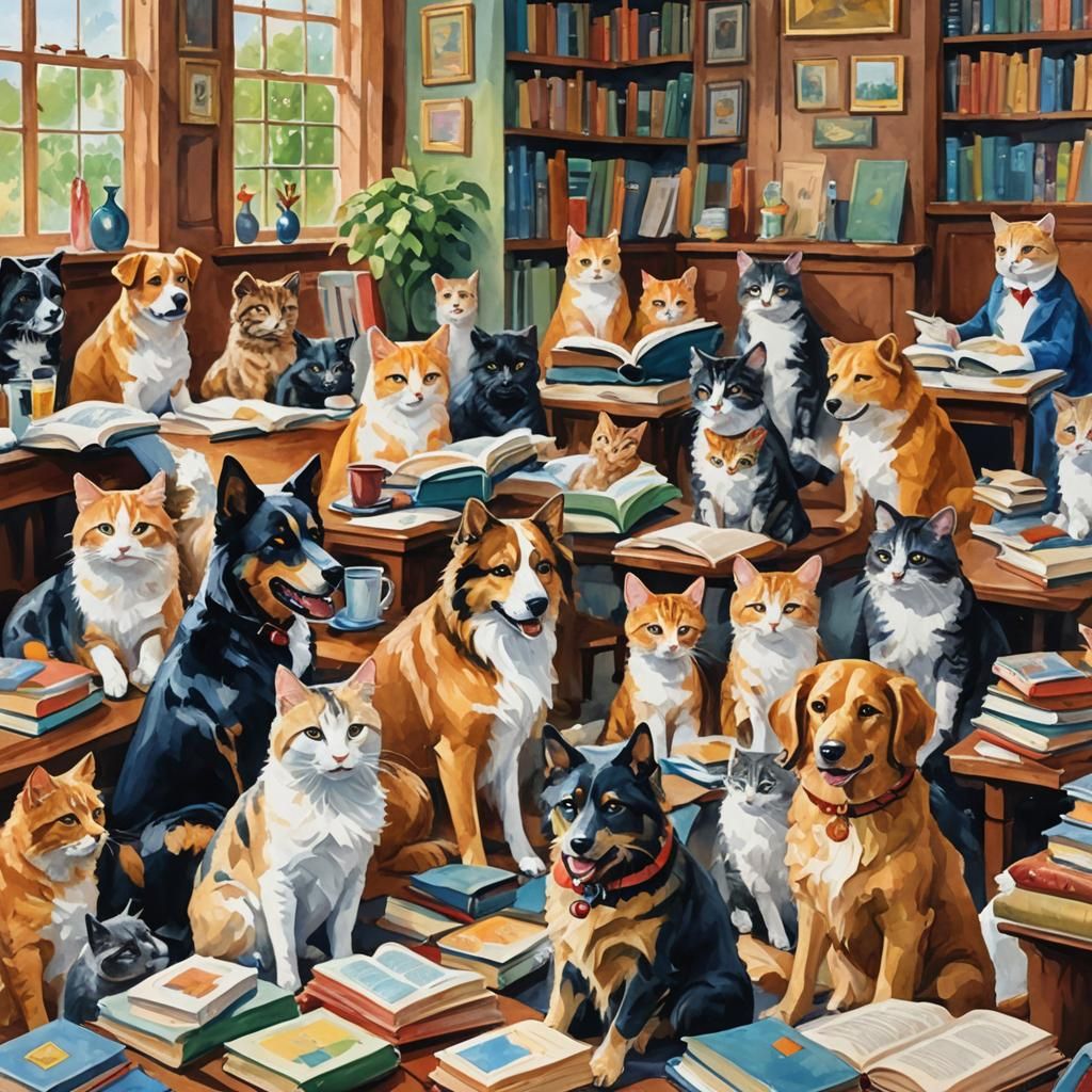 Dogs and Cats Book Club in Gouache Watercolor