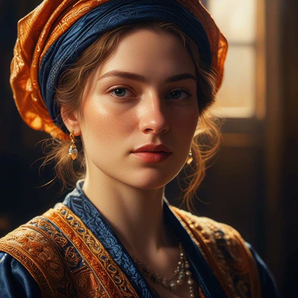 Woman in Ornate Clothing, Rembrandt-Inspired Oil Painting