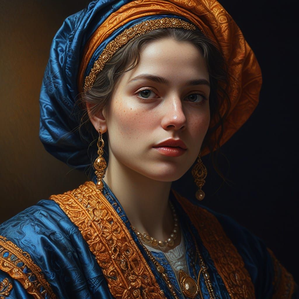 Rembrandt-Inspired Oil Portrait of Woman in Golden Light