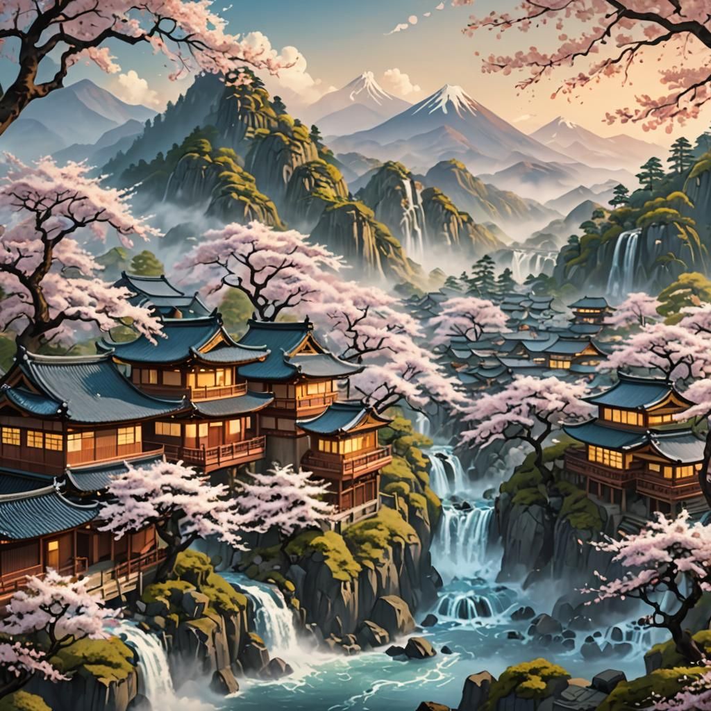 Mountain Village with Blossoms: Ukiyo-e Inspired Digital Art