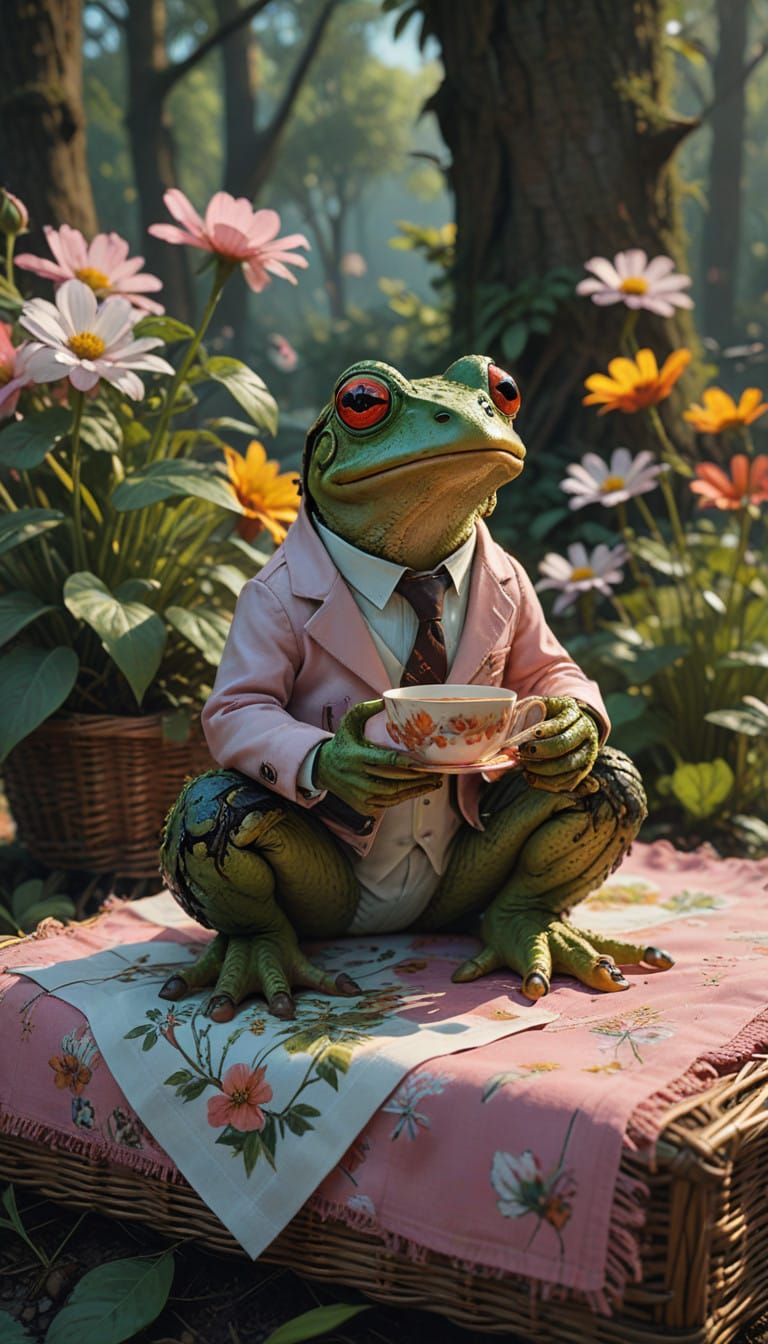 Vintage-Style Frog Enjoying a Charming Garden Picnic