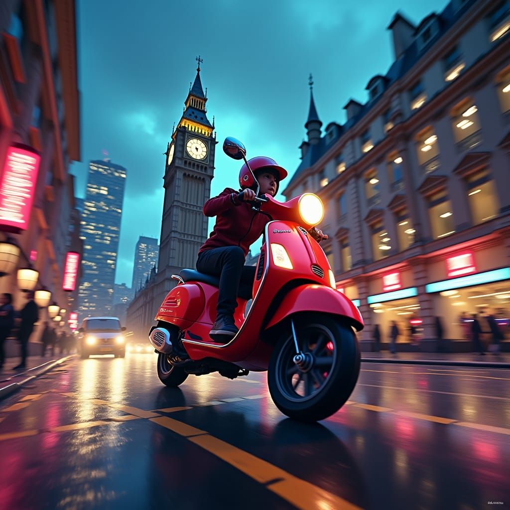 Motor Scooter in London: Dreamlike Matte Painting