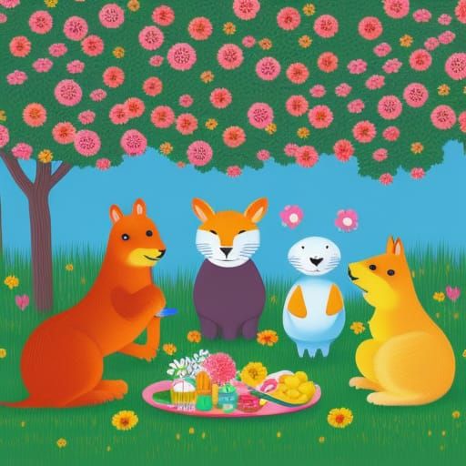 Anthropomorphic Animals Picnic in Pop Art Style