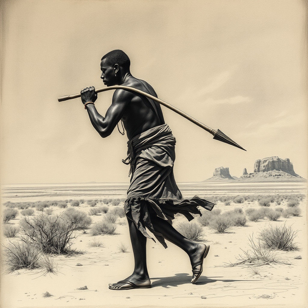 Bushman Hunting in the Savannah: A Charcoal Drawing
