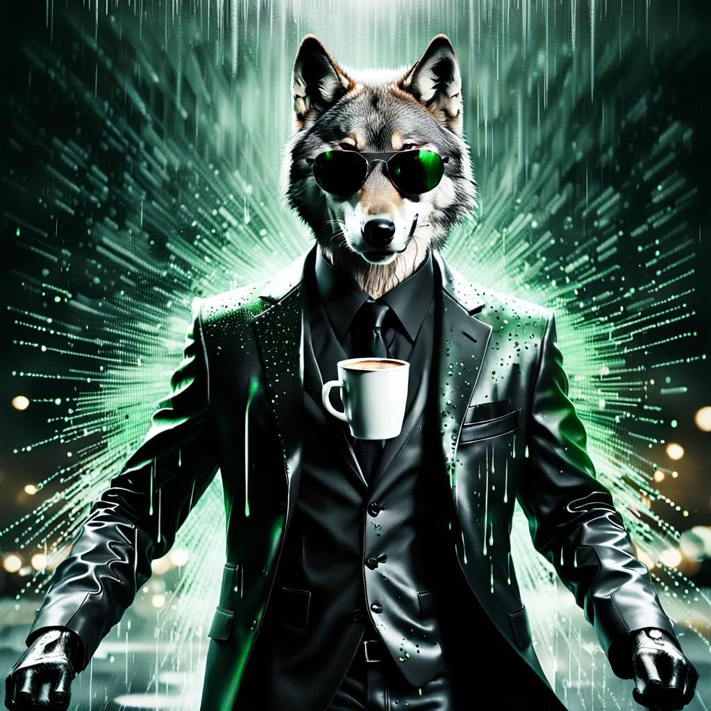 Wolf in Matrix Rain Drinking Coffee