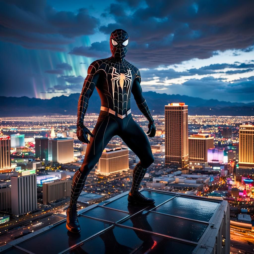 Spider-Man Over Neon Vegas at Dusk