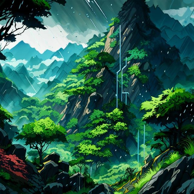 Rainy Mountainside Forest Landscape