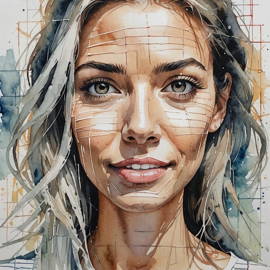Woman's Portrait with Grid Overlay in Watercolor Style