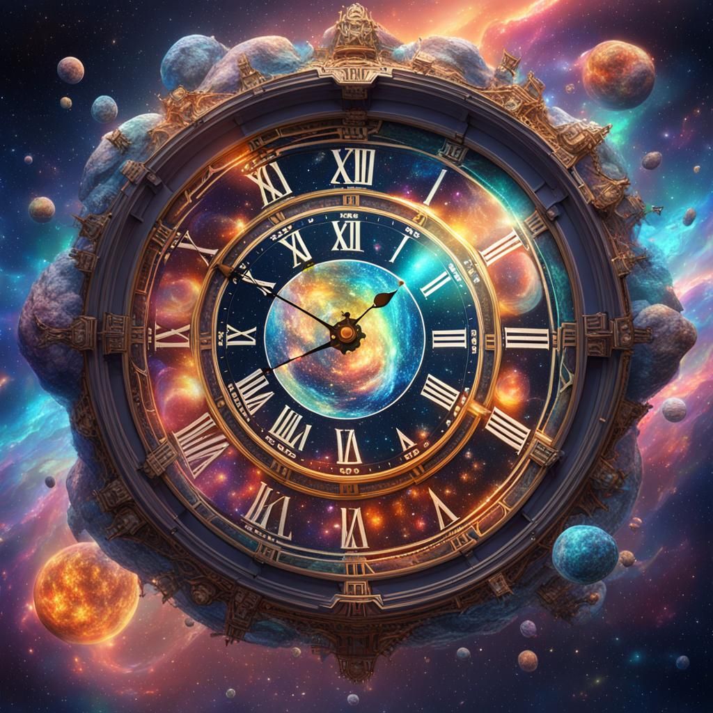 Cosmic Clock Floating in Space, Astral Illustration