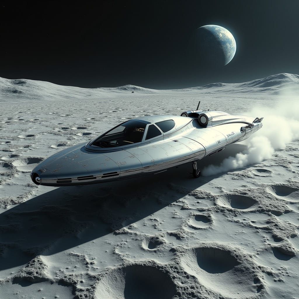 Sleek Silver Spaceship Lands on Moon's Rugged Surface