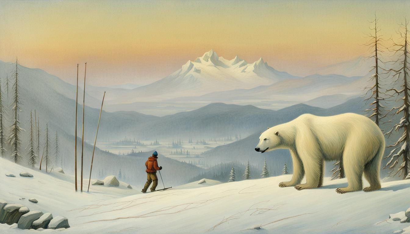 Skier's Encounter with Polar Bear: Oil Painting