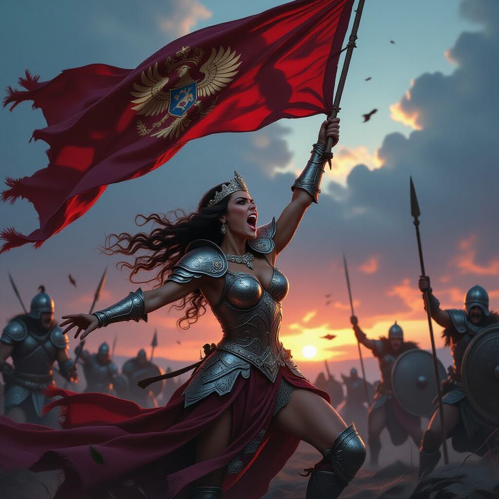 Warrior Princess Rallying Troops on Chaotic Battlefield