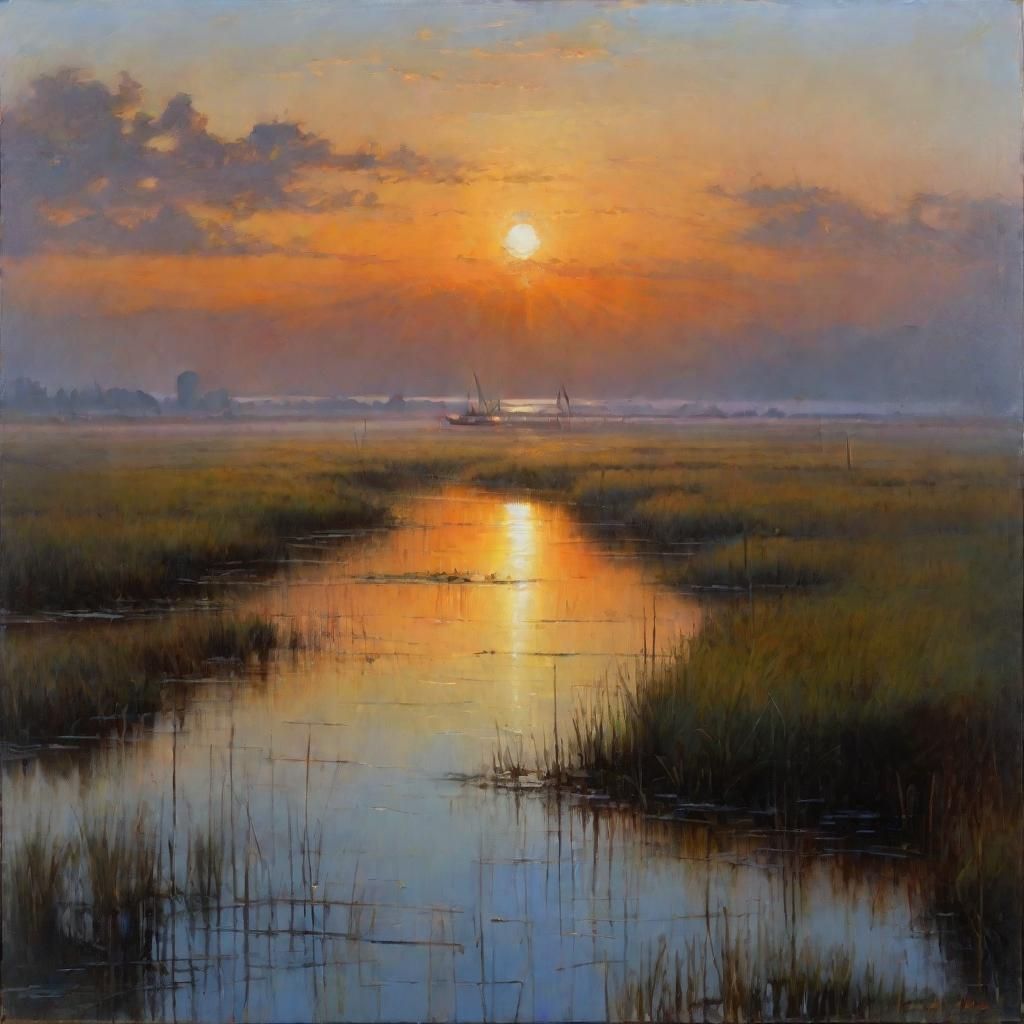 Misty Sunrise Marsh Landscape as Oil Painting