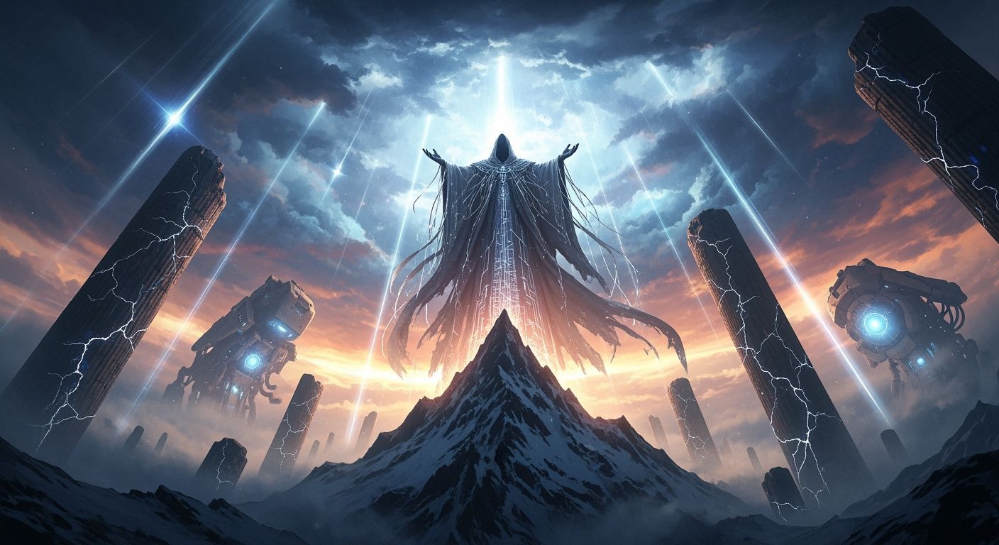 Colossal Figure Commands Heavens on Jagged Peak