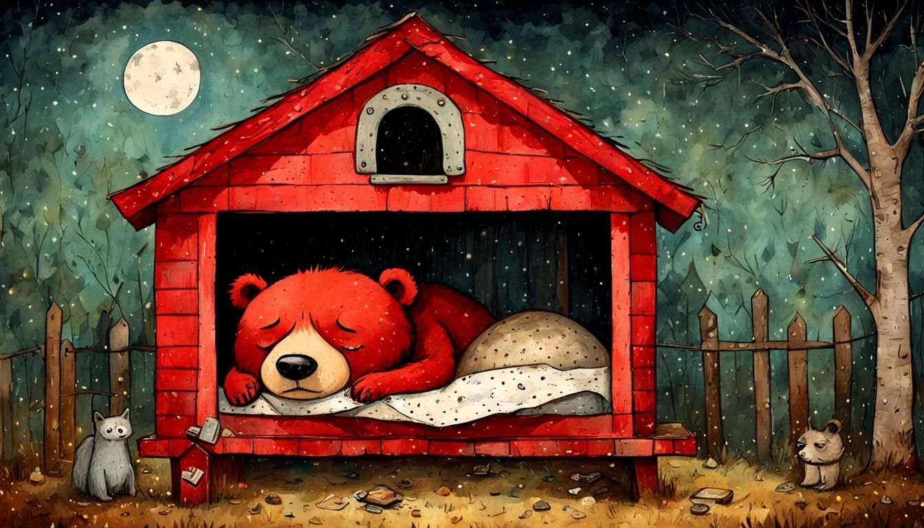 Grumpy Red Bear in Cozy Dog House Whimsical Illustration