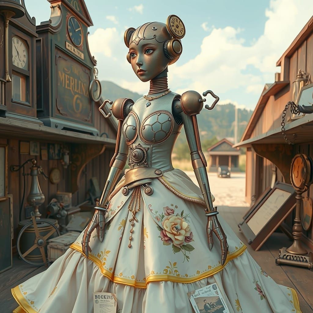 Whimsical Copper-Plated Robot in Floral Dress on Vintage She...