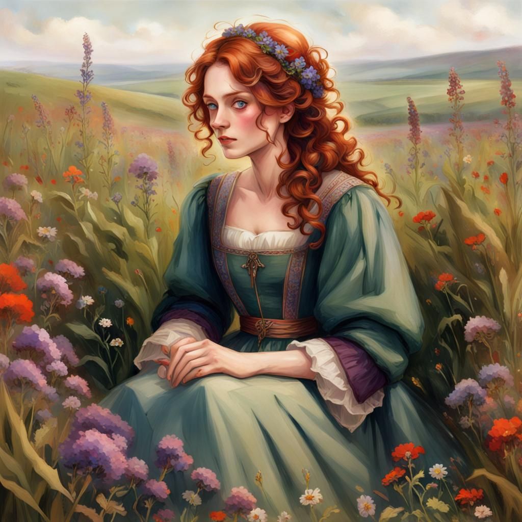 Peasant Woman in Flower Field with Letter