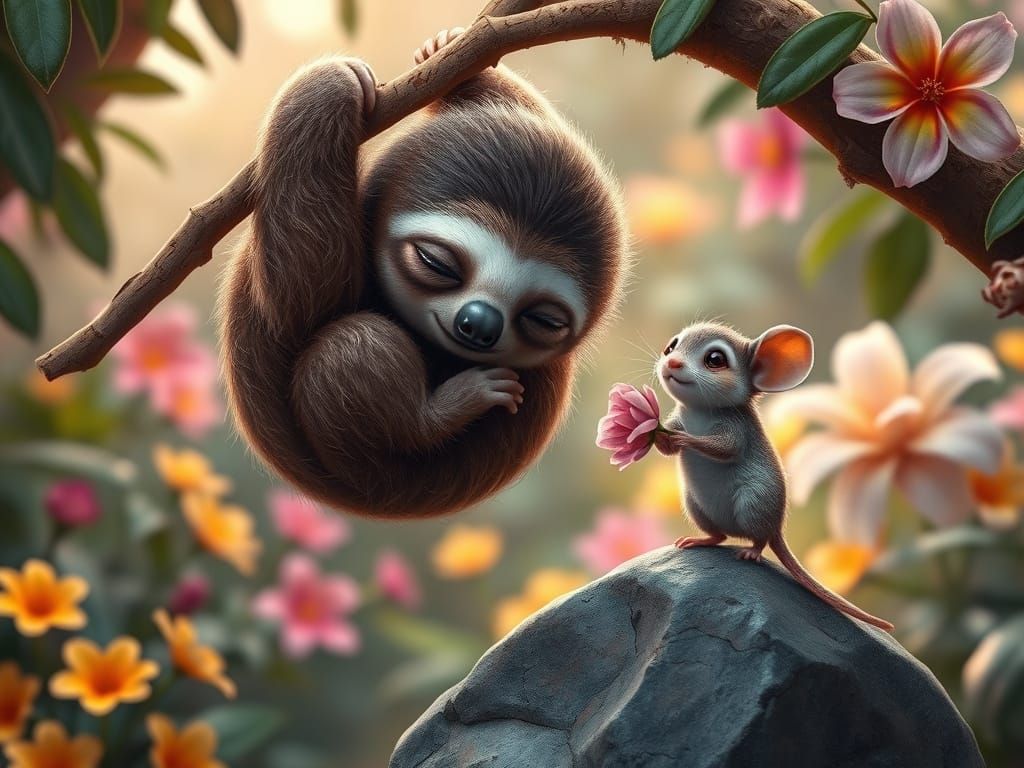 Cute Sloth in Vibrant Jungle Fantasy Scene