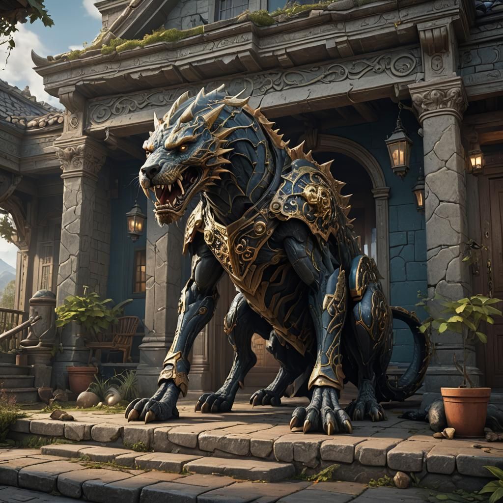 Hydra Hound Guarding a Porch as Digital Art