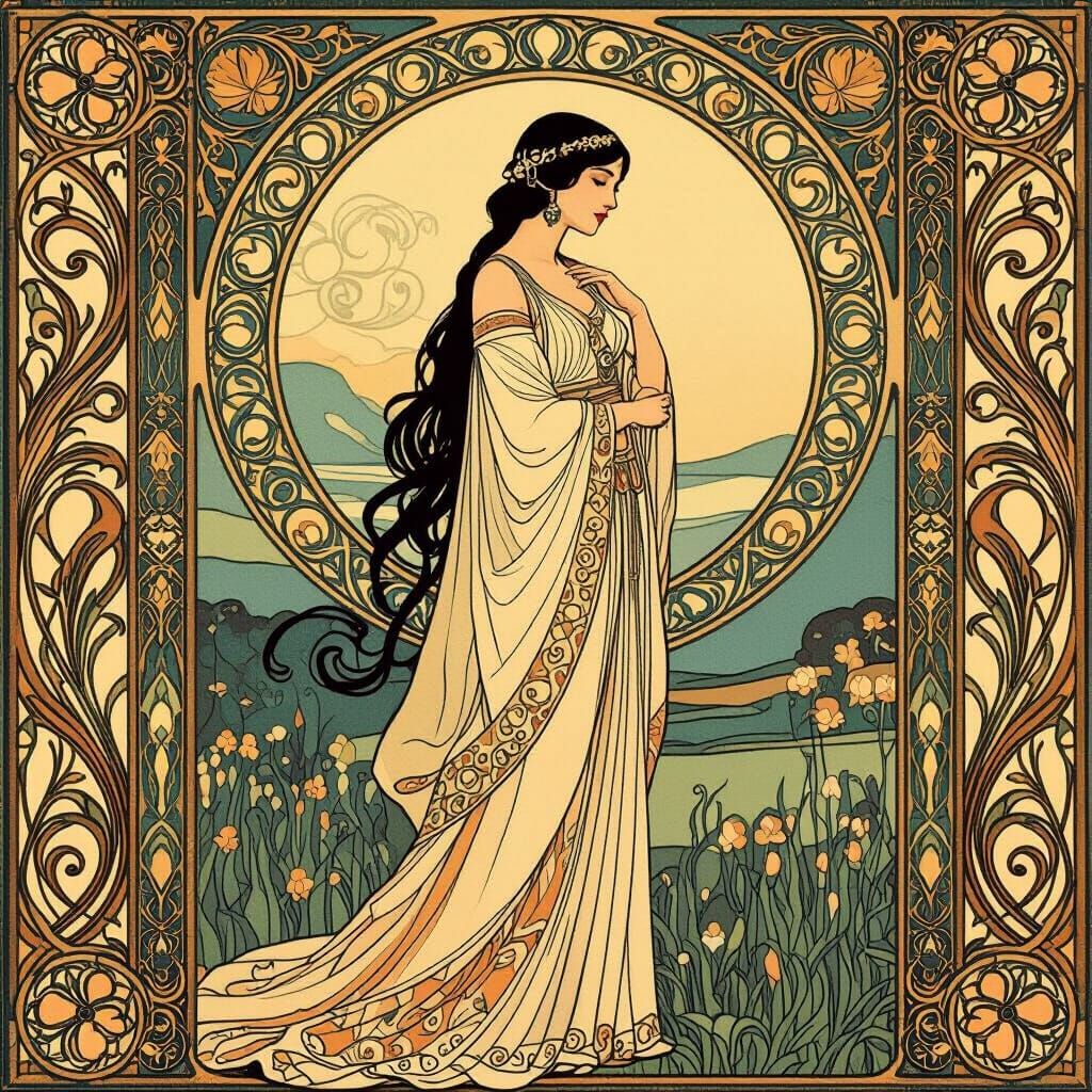 Elegant Woman in Serene Landscape, Art Nouveau Style
