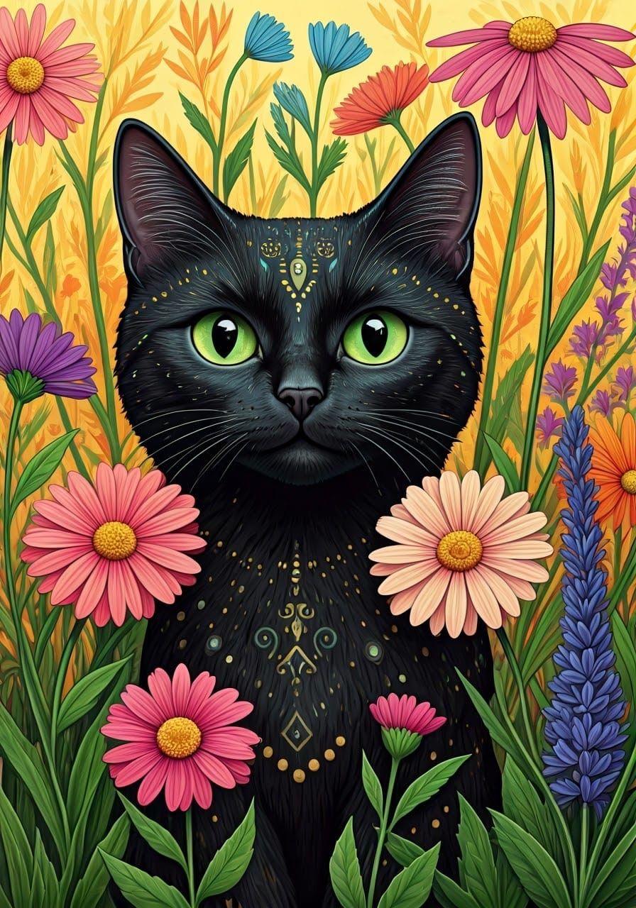 Black Cat in Colorful Garden: Folk Art Whimsy
