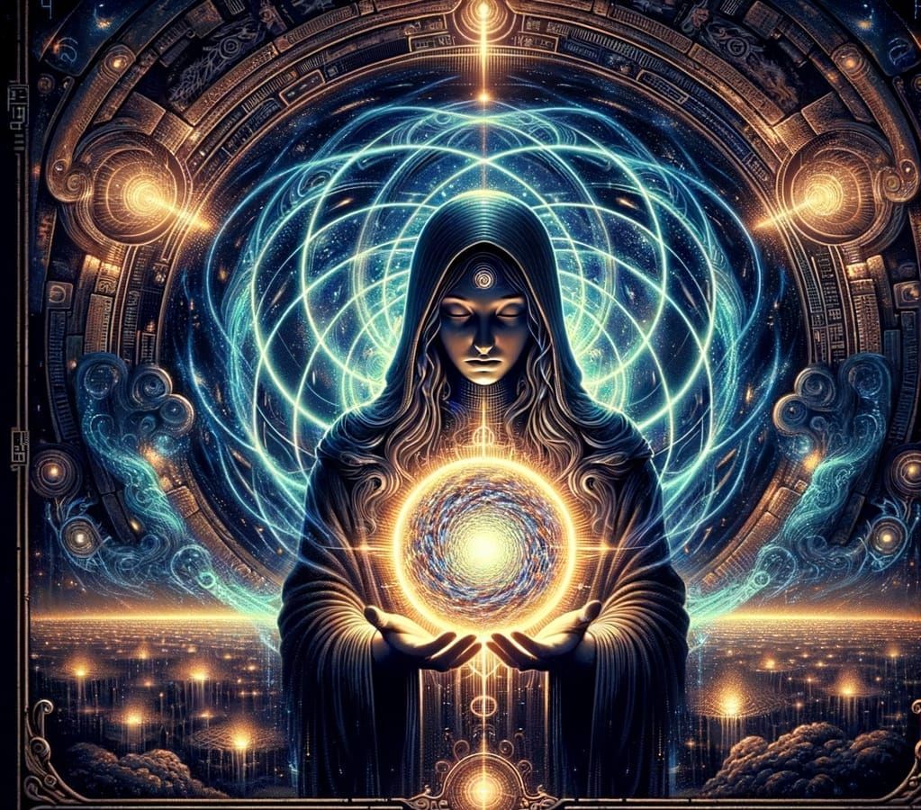Mysterious Figure Holds Glowing Orb in Cosmic Tarot Art