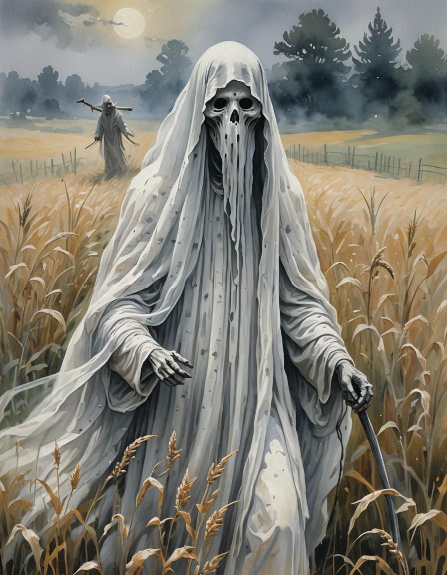 Folk-Horror Ghost with Scythe in Misty Field